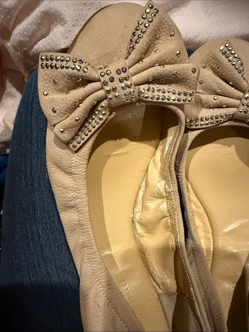 Gianni Bini Women’s Beige Bow Ballet Flats with Rhinestone Accents